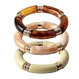 GOOJIDS Simple Beaded Gold Bangles Bracelet Chunky Bamboo Tube Curved Stacking Clear Acrylic Colorful Beads Stretchable Gold Bracelets Set For Women (S-Small size Brown 3PCS Set)