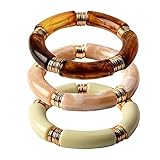 GOOJIDS Bamboo Tube Bangles Bracelet Chunky Curved Stacking Clear Acrylic Colorful Beads Stretchable Friendship Gold Bracelets Gift For Women (S-Small size Brown 3PCS Set)