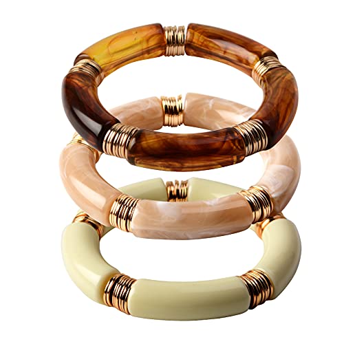 GOOJIDS Simple Beaded Gold Bangles Bracelet Chunky Bamboo Tube Curved Stacking Clear Acrylic Colorful Beads Stretchable Gold Bracelets Set For Women