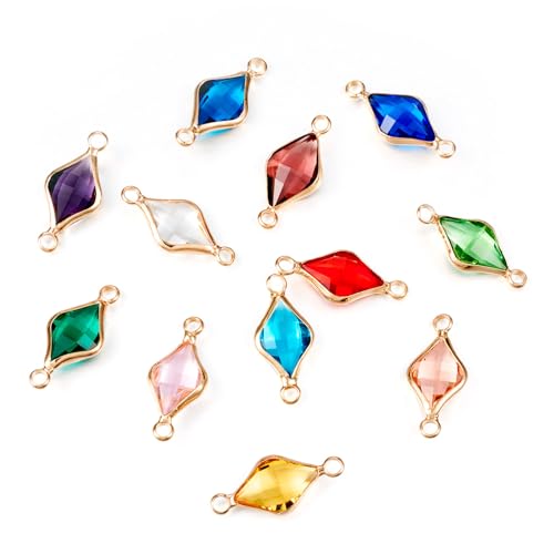 Craftdady 12 dijes de cristal de rombo con doble bucle, conectores de eslabones de diamantes de imitación, tono dorado, borde de latón, colgantes de piedras preciosas para hacer joyas, Vidrio