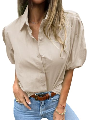 Image of Tankaneo Women's Button Down Shirts Short Puff Sleeve Collared Dressy Casual Blouse Tops
