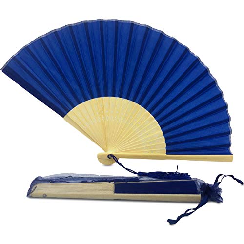 Image of Fabric Handheld Folding Hand Fan With a Tassel Grade A Bamboo Ribs for Women Girls Summer Party Event Favor Birthday Wedding Souvenir Gift (Royal Blue)