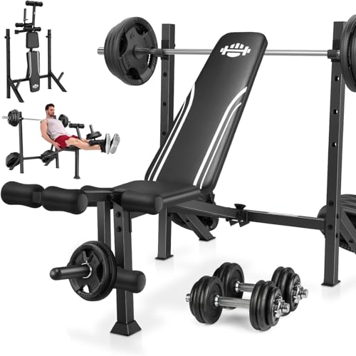 ANCHEER Weight Bench, 3 Sec Foldable Workout Bench with Squat Rack Leg Extension & Leg Curl, 900LBS Adjustable Bench Press for Home Gym, Standard Strength Training Bench
