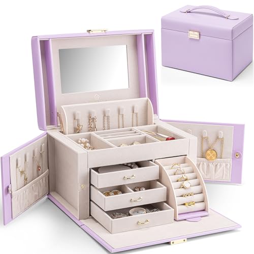 Vlando Large Jewellery Box for Women, High-End PU Leather Mirror Jewellery Boxes with 3 Drawers Jewelry Storage, Earrings, Rings, Necklaces, Bracelets