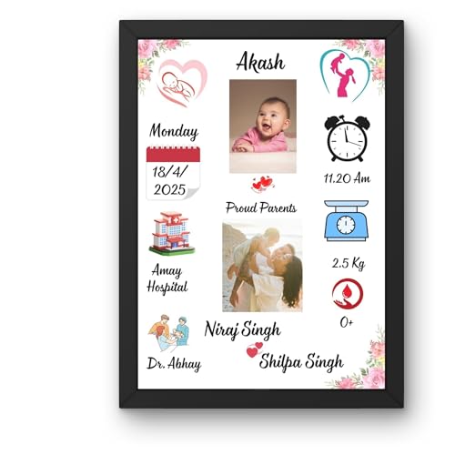 Image of Personalized Newborn Baby Photo Frame with Name, Date, Weight, or Time | Personalized Photo Frame Gift for New Parents | Nursery Wall Decor & Baby Announcement