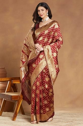 Image of Janasya Women's Maroon Silk Blend Ethnic Motifs Woven Design Jacquard Saree with Blouse Piece