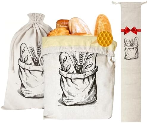 Reusable Bread Bags for Homemade Bread,Natural BeesWax & Linen Cotton,Large Capacity and Portable,Bread Keeper for Sourdough,Food/Bread Storage,with Free Baguette Bag