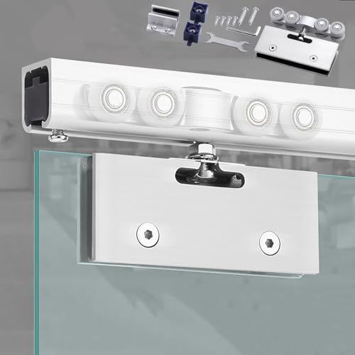 Kit Puerta Corredera Kit de Puerta Corrediza de Vidrio Sin Marco, Sistema de Puerta Corrediza de Bolsillo con Montaje en Techo, Puerta Corrediza de Vidrio para Armario para Baño, Balcón, Estudio u Ofi