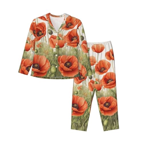 Pyjama à manches longues imprimé coquelicot pour femme avec pantalon à taille élastique