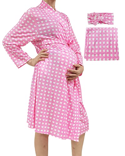 Image of SUFEINI Maternity Robe and Matching Baby Swaddle Blanket Set, Mommy Robe with Receiving Blanket Girls Boys Sleepwear