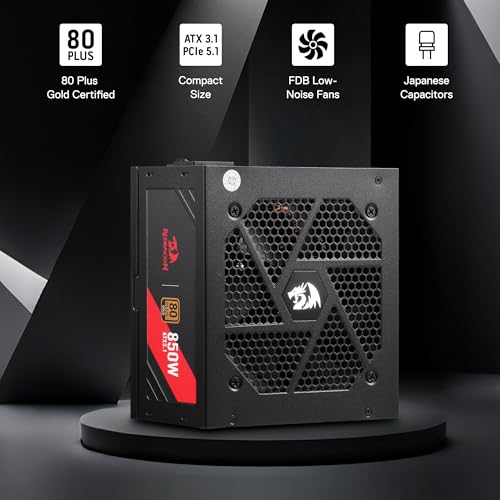Image of Redragon RGMS-850W PRO 80+ Gold 850 Watt Power Supply w /ATX 3.1 & PCIe 5.1 Ready, Non-Modular Active PFC, Compact 150mm Size, 120mm Low Noise Fan, 100% Japanese Capacitors