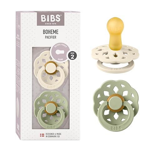 Image of BIBS Pacifiers - Boheme Collection | BPA-Free Baby Pacifier | Made in Denmark | Set of 2 Ivory /Sage Color Premium Soothers | Size 6-18 Months | Natural Rubber Latex | Size 2 | BPA-Free | Made in Denmark | High Nipple Acceptance | Airflow Holes | Comfort Shield