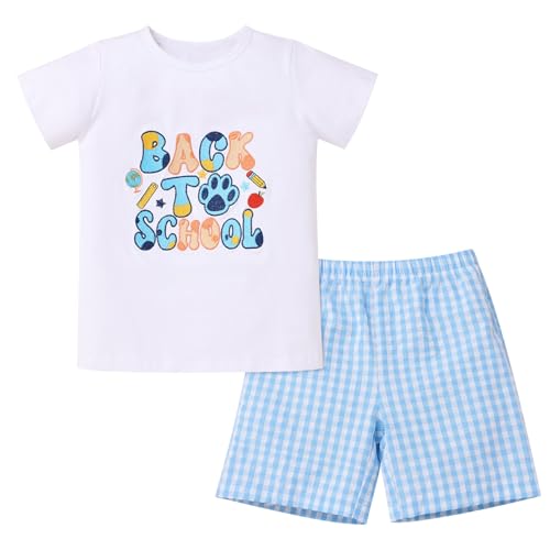 Image of OBEEII Back to School Outfit Toddler Boy Short Sleeve Graphic Shirt Gingham Shorts First Day of School Summer Clothing Set