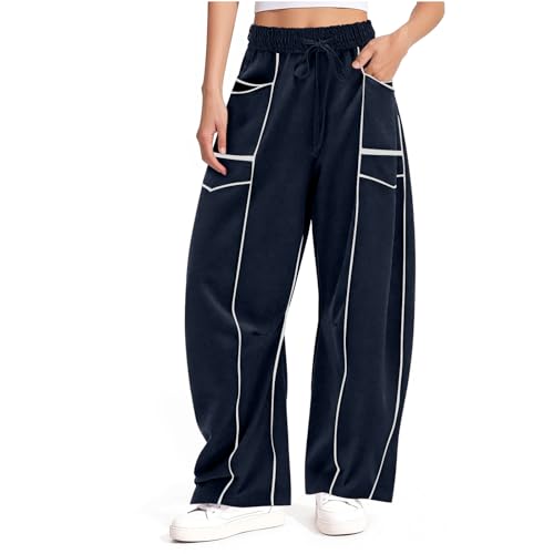 Barrel Sweatpants Girls Wide Leg Baggy Casual Pants High Waisted Trouser Contrast Patchwork Palazzo Pant with Pockets2