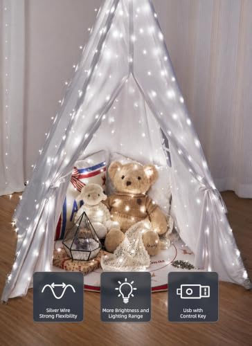 Image of Brightown 300 LED Fairy Curtain Lights, 9.8ft x 9.8ft Curtain String Lights | White USB Plug in 8 Lighting Modes Christmas String Hanging Lights with Remote for Bedroom Indoor Outdoor Party Xmas