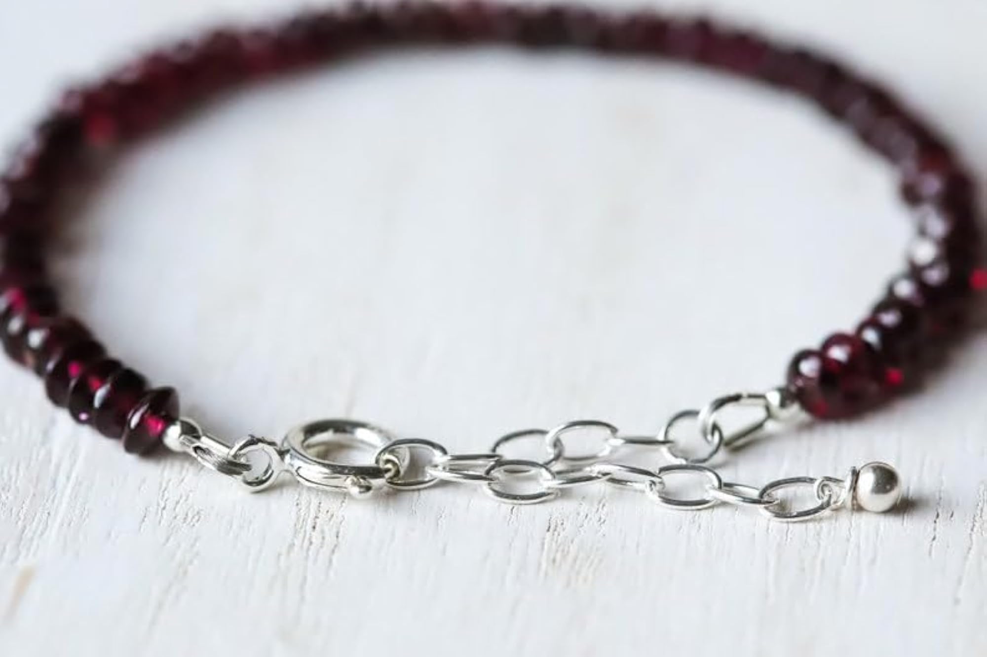 Garnet Button Beaded Bracelet with Silver Lock, Adjustable