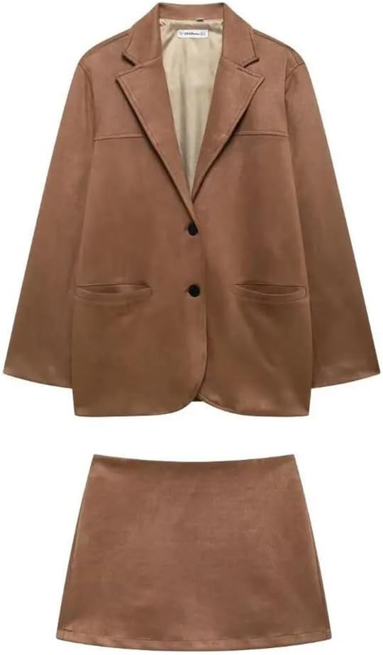 Women's European American Style 2 Piece Set Short Suede Leather Jacket with Half Skirt Fashion Outfits