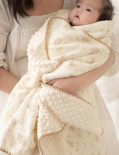 Image of Baby Blanket 40x40 Inches,Muslin Cotton and Minky Dotted Double Layer Soft Receiving Blanket for Newborn Toddler,Meadow Bunny