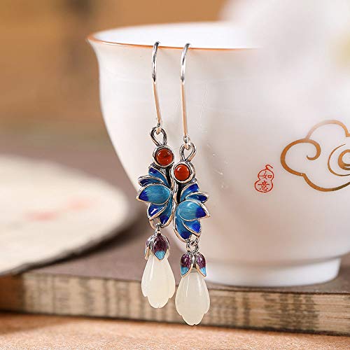 Boucles d'oreilles Jade Blanc Hetian fleur magnolia argent S925 femme vintage - 3
