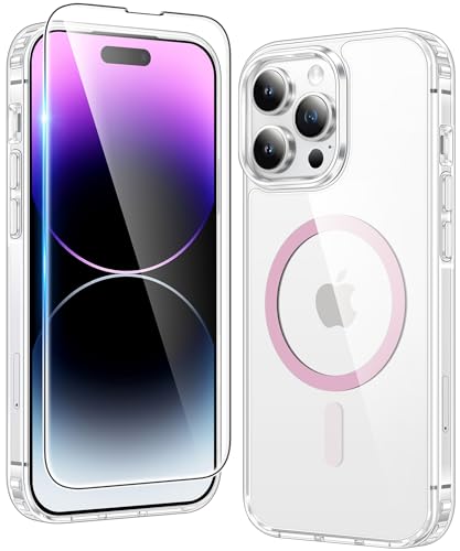 Image of FNTCASE for iPhone 14 Pro Case: Clear Magnetic Phone Cases Compatible with Magsafe Slim Anti Yellowing Military Grade Drop Protection Rugged Shockproof Protective Transparent Cell Cover (C-A Pink)