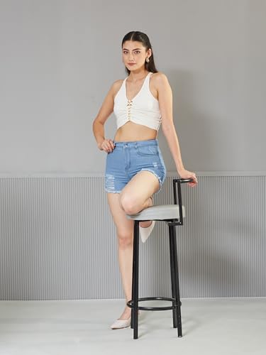 Image of Miss Chase Women's Relaxed Fit Mid Rise Highly Distressed Regular-Length Denim Shorts