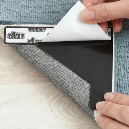 GORILLA GRIP Extra Wide Dual Sided Rug Gripper Pads, Holds Carpet in Place on Hardwood Floors and Tile, Removable Reusable Sticky Corner Grippers, Universal Fit Floor Pad for Under Area Rugs, 4 Pack