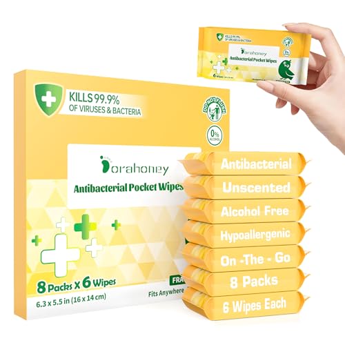 Dorahoney Travel Antibacterial Hand Wipes 99% Water Hand Sanitizer Wipes Safe for Sensitive Skin & Hypoallergenic Hand Sanitizing Pocket Wipes 48 Count (8 Packs of 6)