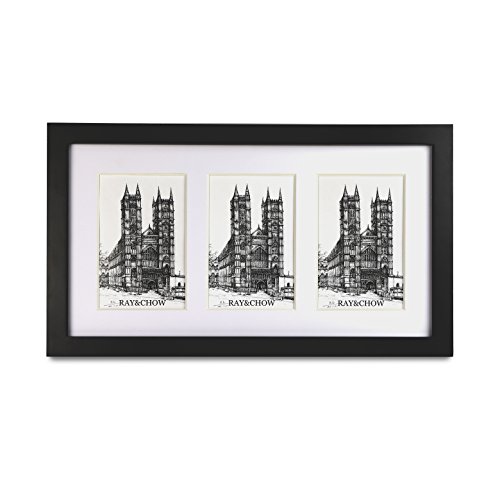 Ray & Chow Marco Triple Marco de Foto Triple para 3 Fotos de 15x10 cm o Una Foto Panoramica - Frente de Real Vidrio - Madera SÓLIDA- Ancho del Marco 2 cm - Negro
