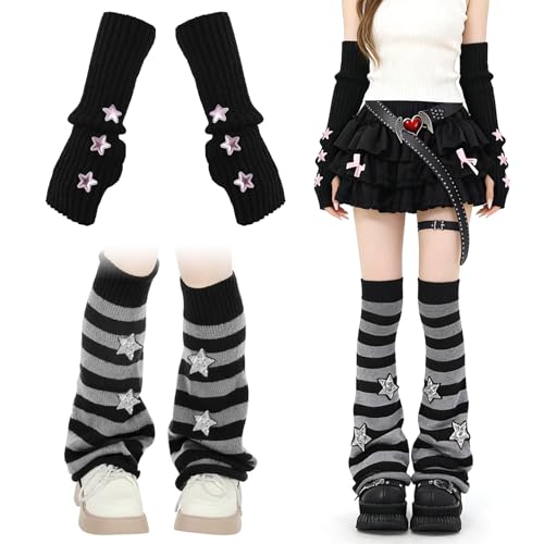 Jambières Y2k et manchettes gothiques en tricot noir et gris (Lot de 2 paires)
