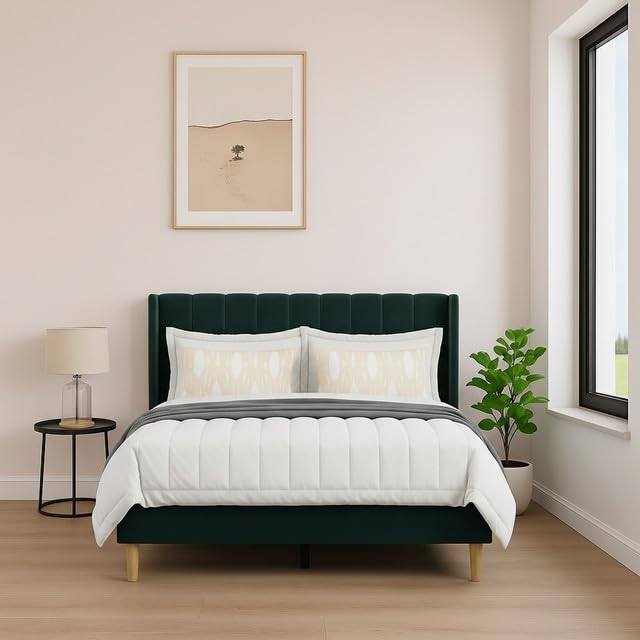 Image of Wooden Upholstered Bed King Size Without Storage | Wrought Iron King Size Cot with Headboard | Double Size Bed for Bedroom | Palang Furniture for Guest Room, Dark Green, (Dark Green)
