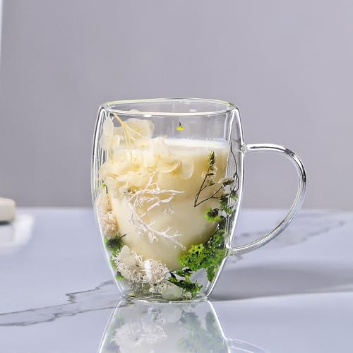 LeKuni Tazzine Caffe Vetro Con Fiori Secchi, Tazzine Caffe Particolari Da 350Ml, Regalo Natale Donna, Tazze Caffe In Vetro Trasparente Per Cappuccino, Nespresso, Latte, Tè(verde)