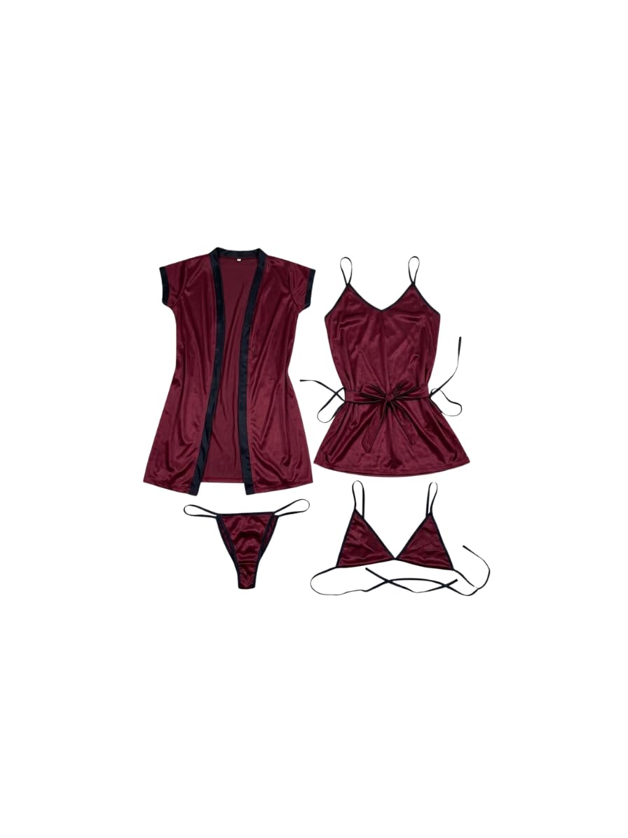 Satin Luxe Collective Women's 4-Piece Satin Nightwear Set, Blue with Black Trim, Robe, Camisole, Bra and Thong-image-37