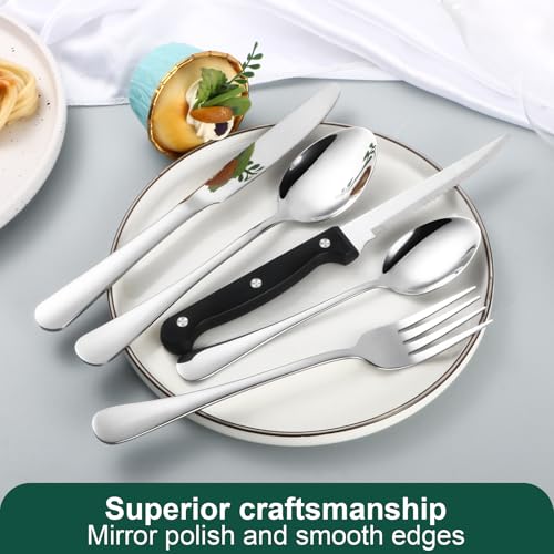 Image of 24-Piece Silver Silverware Set with Steak Knives Black Stainless Steel Flatware Set for 4 Food Grade Tableware Cutlery Set Rust-proof, Mirror Polished, Dishwasher Safe