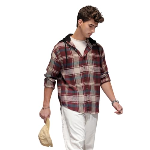 Image of WROGN Men's 100% Cotton Hooded Shirt | Herringbone Checkered | Oversized Fit
