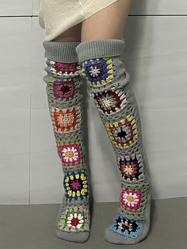 Mylleure Crochet Socks for Women Y2k Granny Square Over Knee High Stockings Warm Chunky Knitted Long Leg Warmers Boot Socks2