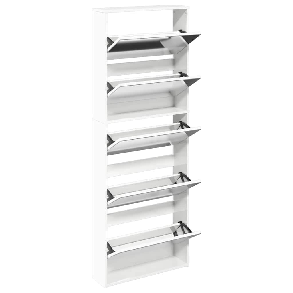 Zapatero con espejo con 5 compartimentos plegables, color blanco brillante para 15-20 pares de zapatos, volquete estrecho de madera para pasillo y entrada, 63 x 17 x 169,5 cm