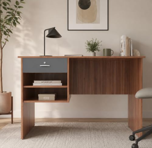 Image of 116x75x56CM Engineered Wood Verto Study & Office Table with Smooth Lockable Drawer and 2 Shelves for Storage | Sturdy DIY Counter, Commercial Table- Lyon Walnut with Grey