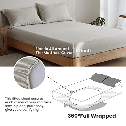 Simple&Opulence 100% Linen Sheet Set 4 Pieces Natural France Flax Bed Sheet (1 Flat Sheet, 1 Fitted Sheet, 2 Pillowcases) Breathable Luxury Hotel Bedding - Embroidery Linen, Queen Size