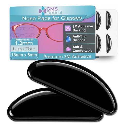GMS Optical Adhesive Silicone Nose Pads for Glasses |1.3mm Ultra-Thin, 18mm Large | Non Slip Glasses Grips for, Sunglasses and Eyewear w/Super Sticky Backing, Eyeglass Accessories (5 Pairs, Black)