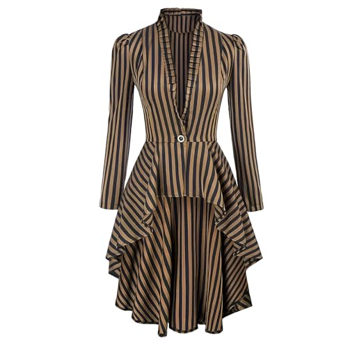 Generisch Camisa de rayas de manga larga para mujer, chaqueta victoriana, estilo steampunk, abrigo medieval, vintage, gótico, esmoquin, volantes, dobladillo irregular, disfraz medieval, blazer con