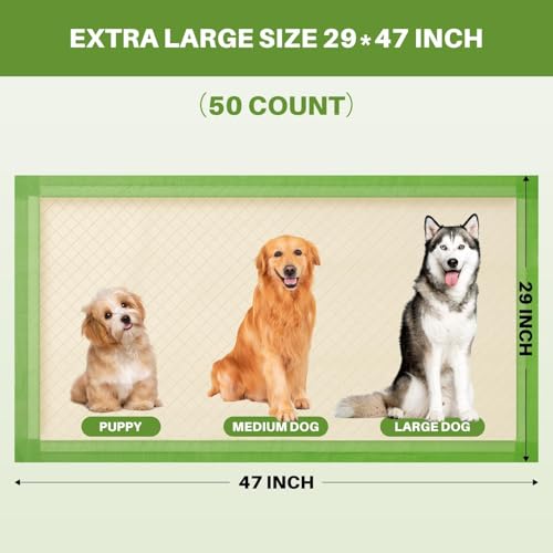 Image of Gardner Pet Dog Pee Pads Extra Large 29 inchx47 inch, XL Thicker ECO Green Disposable Puppy Training Pads Super Absorbent Full Edge-Wrapping Pad for Dogs, Puppies, Cats, Rabbits (50 Count)