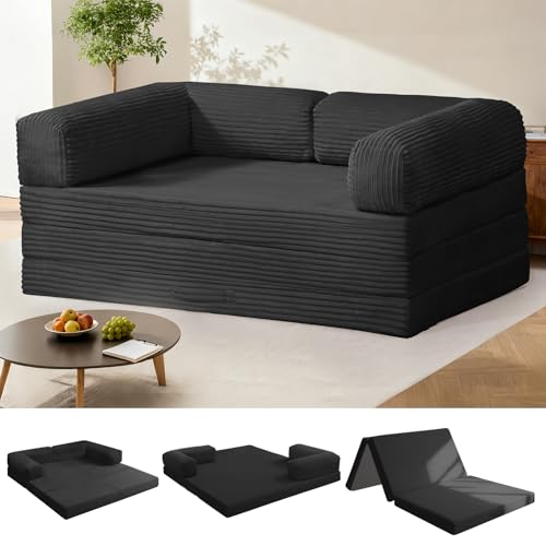 Image of Tri-Fold Foldable Mattress, Convertible Folding Sofa Bed with Removable Arms & Washable Cover, All-in-One Portable Mattress Floor Sofa Bed, No Assembly Required & Non-Slip, Queen Size, Black