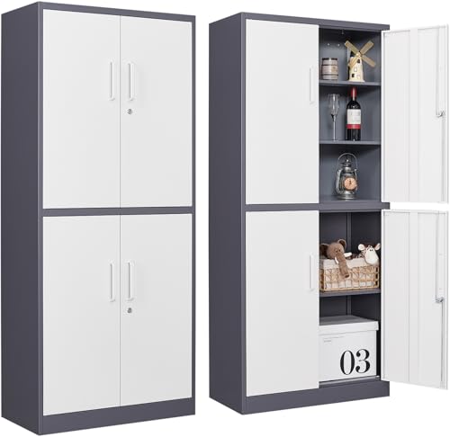 Image of SISESOL Storage Cabinets with Doors and Shelves, 71'' Metal Garage Cabinet Locking, Adjustable Layers for Home Gym, Bathroom, Kitchen, Office, Gray White