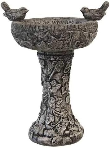 BestNest Athens Stonecasting “His Eye is on The Sparrow” Bird Bath – Pre-Aged Gray Concrete Outdoor Birdbath with Ivy Detailing & Bird Figures, Inspirational Garden Decor, Durable Hand-Cast Design