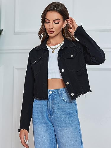 Women's Cropped Jean Jacket Button Up Casual Ripped Frayed Washed Denim Jacket3