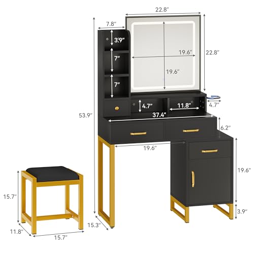DWVO Makeup Vanity with Lights,Vanity Desk with Power Strip, Large Vanity Desk with Storage Shelves, 3 Lighting Colors, Black - Image 4