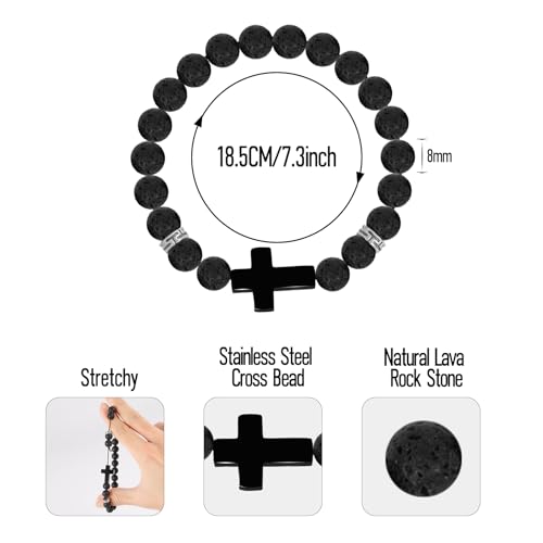MILAKOO 8mm Natural Stone Lava Bracelet Diffuser Essential Oil Wristband with Stainless Steel Cross2