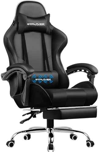 GTPLAYER Gaming Chair, Computer Chair with Footrest and Lumbar Support, Height Adjustable Game Chair with 360°-Swivel Seat and Headrest and for Office or Gaming (Faux Leather, Black)
