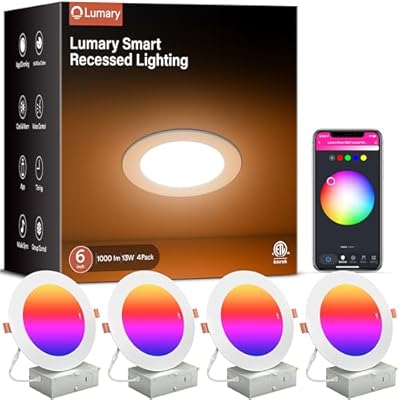 Lumary Smart Recessed Lighting 6 Inch, Canless LED Recessed Lights 13W 1000LM, RGBWW Color Changing LED Downlight with J-Box, Compatible with Alexa & Google Assistant, BT Remote, ETL Listed, 4 Pack