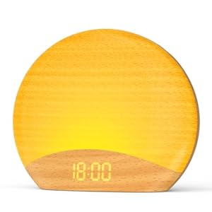HOUSBAY Wood Grain Sunrise Alarm Clock- Natural Wake Up Light, FM Radio, Bluetooth Speaker, Dimmable Nightlight & Display- Soothing Morning Routines